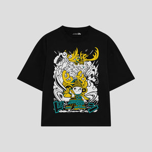 Playera streetwear premium de anime y gaming ExtraLife MX, corte boxy oversized drop shoulder heavyweight en color Deep Black y Off-White, moda urbana mexicana de culto.