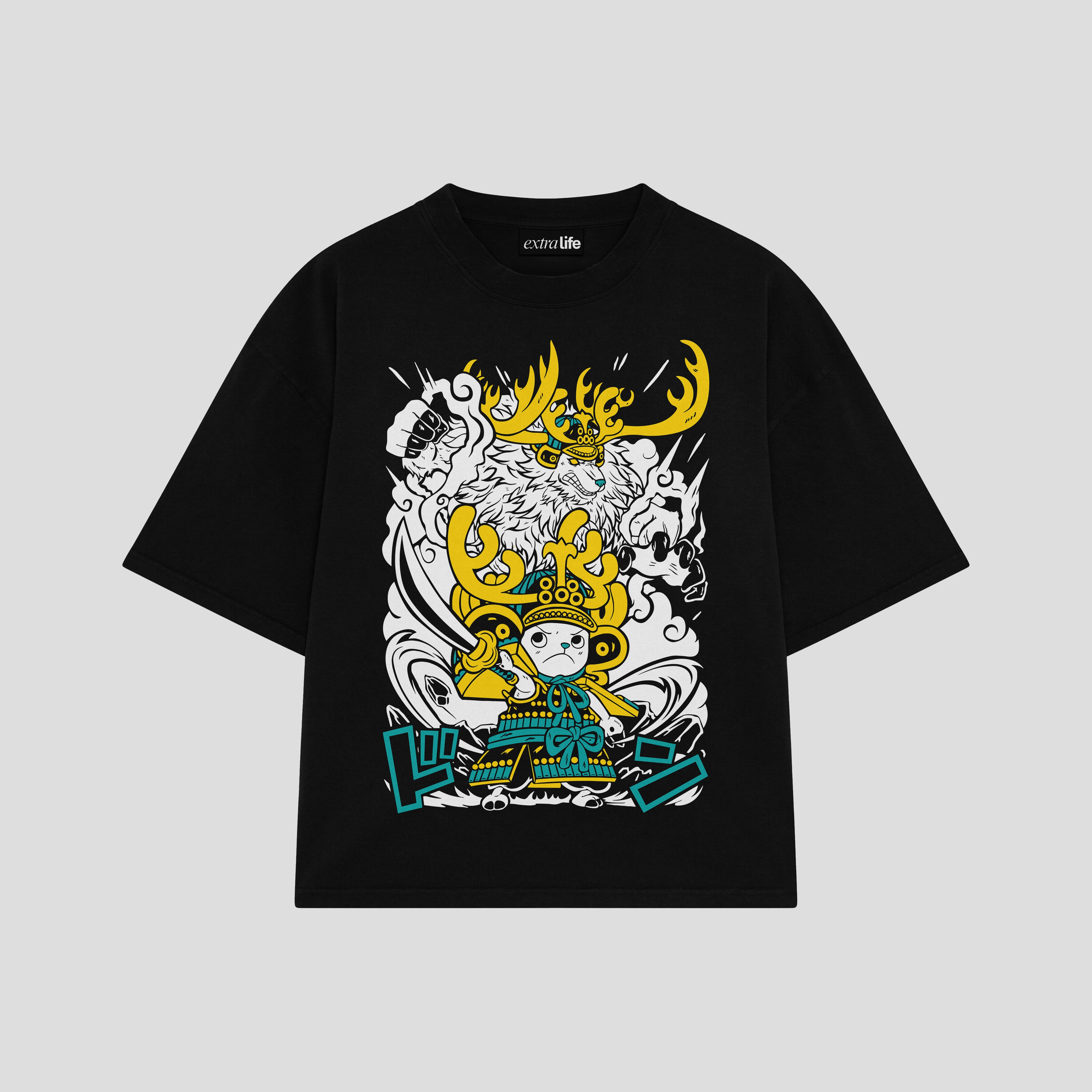 Playera streetwear premium de anime y gaming ExtraLife MX, corte boxy oversized drop shoulder heavyweight en color Deep Black y Off-White, moda urbana mexicana de culto.