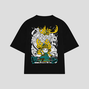 Playera streetwear premium de anime y gaming ExtraLife MX, corte boxy oversized drop shoulder heavyweight en color Deep Black y Off-White, moda urbana mexicana de culto.