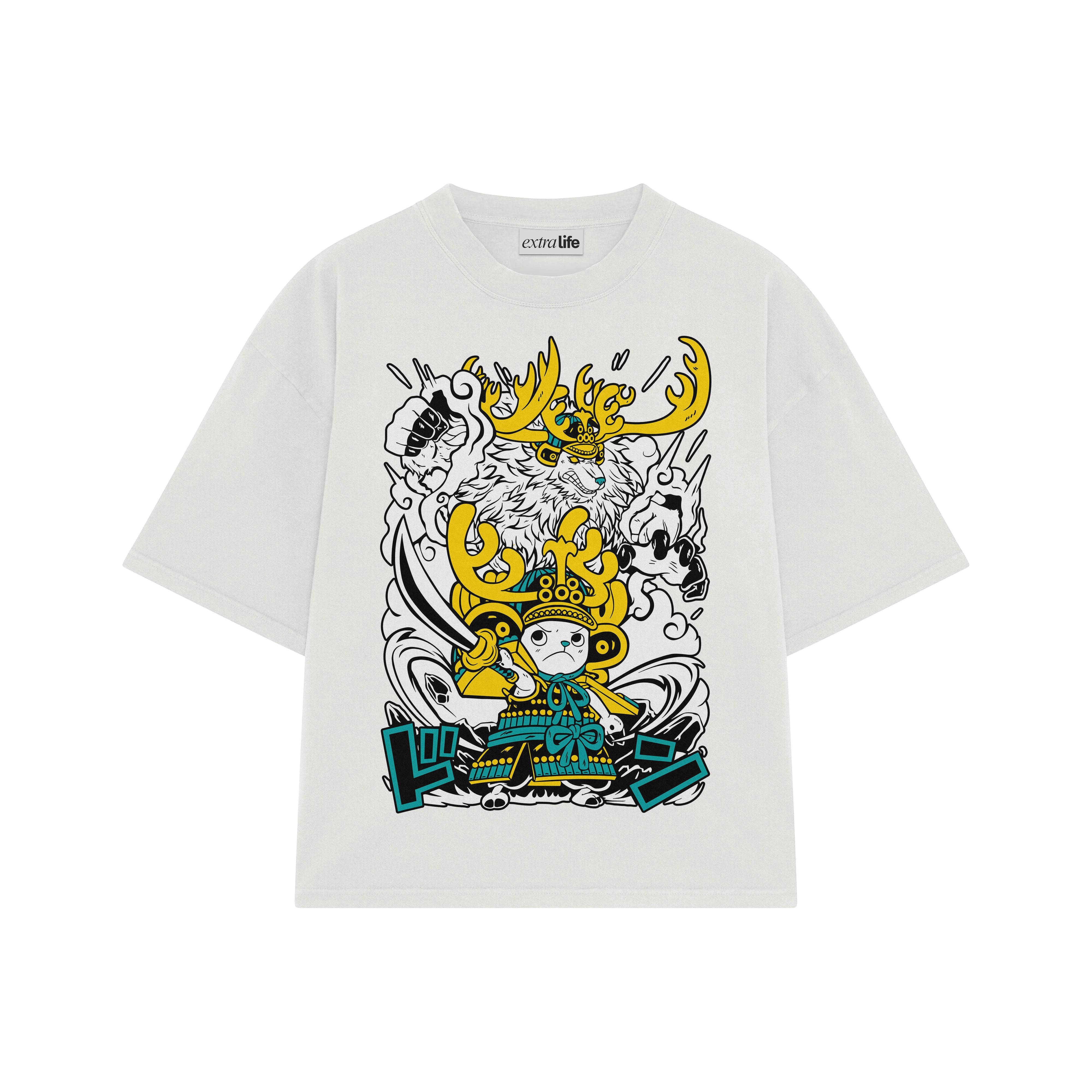 Playera streetwear premium de anime y gaming ExtraLife MX, corte boxy oversized drop shoulder heavyweight en color Deep Black y Off-White, moda urbana mexicana de culto.