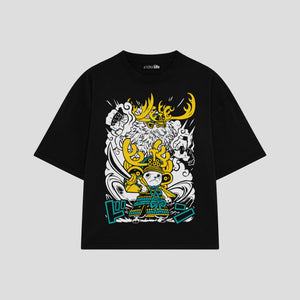 Playera streetwear premium de anime y gaming ExtraLife MX, corte boxy oversized drop shoulder heavyweight en color Deep Black y Off-White, moda urbana mexicana de culto.