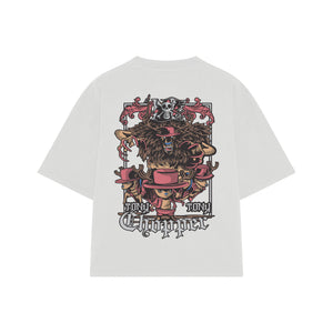 Playera streetwear premium de anime y gaming ExtraLife MX, corte boxy oversized drop shoulder heavyweight en color Deep Black y Off-White, moda urbana mexicana de culto.