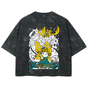 Playera streetwear premium de anime y gaming ExtraLife MX, corte boxy deluxe mineral wash heavyweight en color Acid Wash, moda urbana mexicana de culto.