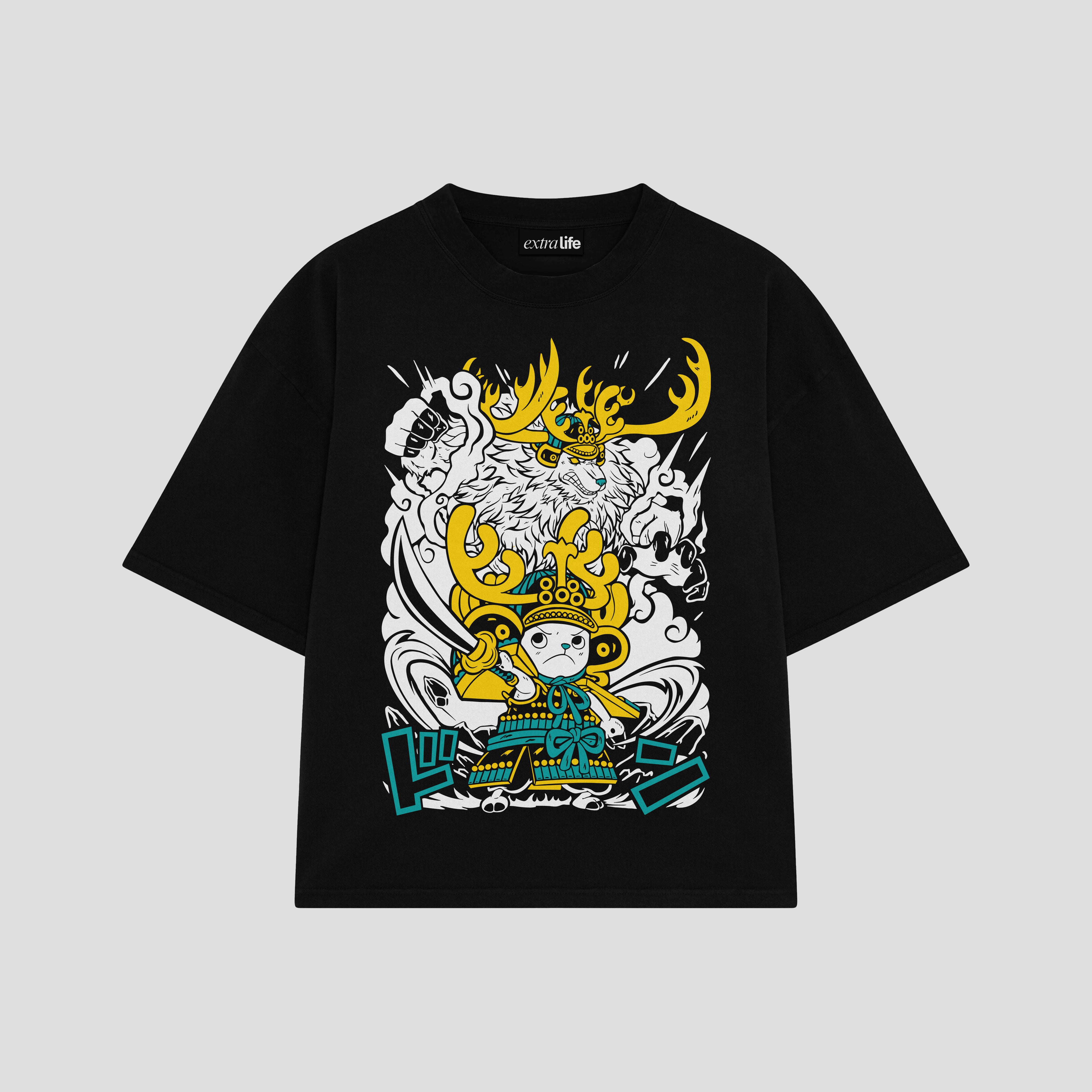 Playera streetwear premium de anime y gaming ExtraLife MX, corte boxy oversized drop shoulder heavyweight en color Deep Black y Off-White, moda urbana mexicana de culto.