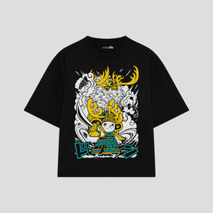 Playera streetwear premium de anime y gaming ExtraLife MX, corte boxy oversized drop shoulder heavyweight en color Deep Black y Off-White, moda urbana mexicana de culto.