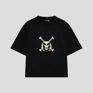 Playera streetwear premium de anime y gaming ExtraLife MX, corte boxy oversized drop shoulder heavyweight en color Deep Black y Off-White, moda urbana mexicana de culto.