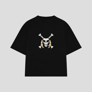 Playera streetwear premium de anime y gaming ExtraLife MX, corte boxy oversized drop shoulder heavyweight en color Deep Black y Off-White, moda urbana mexicana de culto.