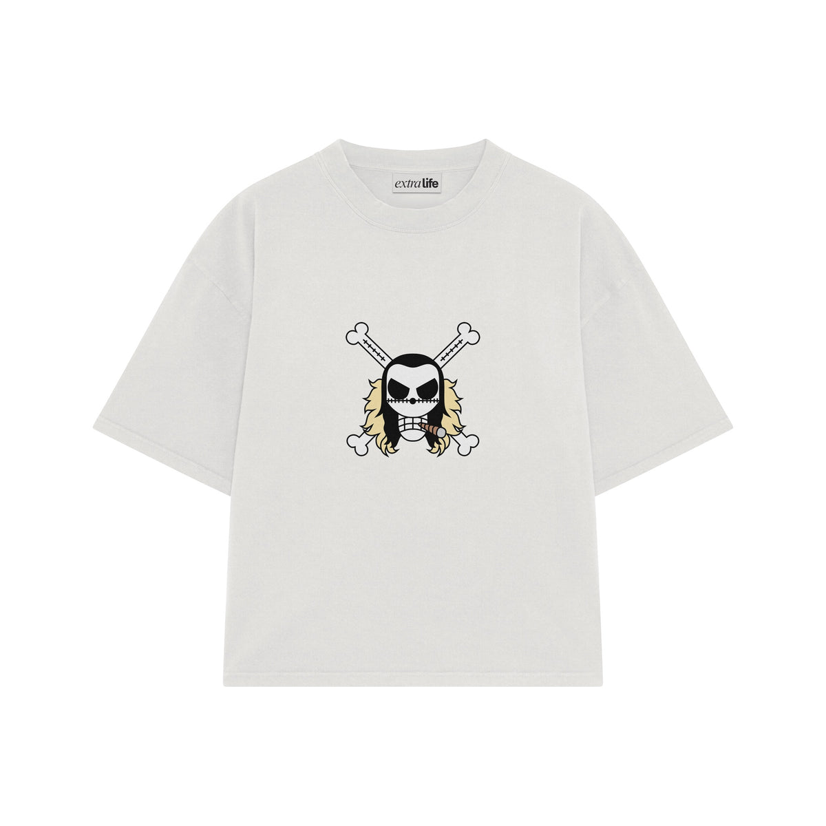 Playera streetwear premium de anime y gaming ExtraLife MX, corte oversized drop shoulder ligero y fresco en color Deep Black y Off-White, moda urbana mexicana de culto.