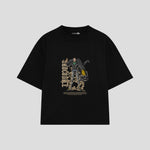 Playera streetwear premium de anime y gaming ExtraLife MX, corte boxy oversized drop shoulder heavyweight en color Deep Black y Off-White, moda urbana mexicana de culto.