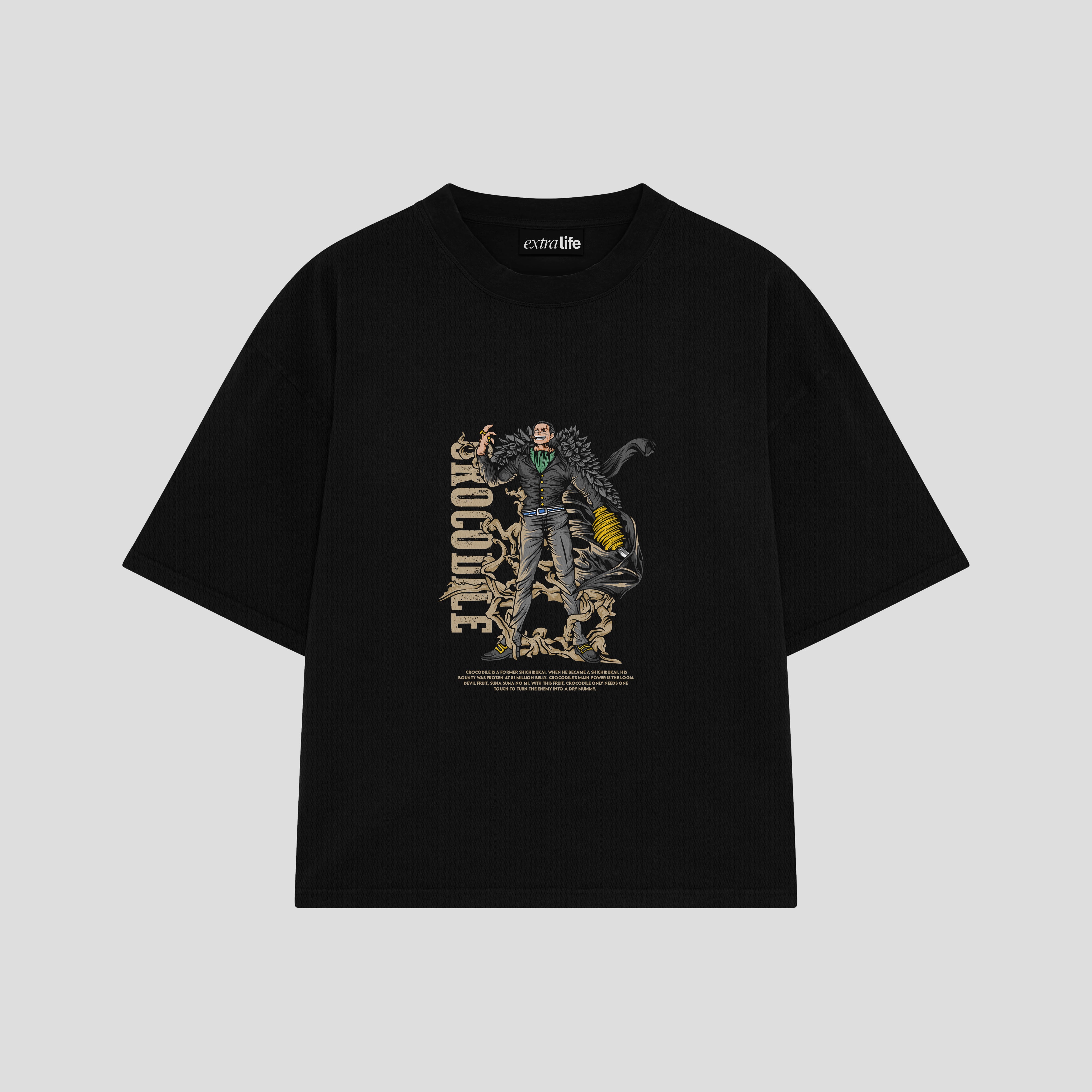 Playera streetwear premium de anime y gaming ExtraLife MX, corte boxy oversized drop shoulder heavyweight en color Deep Black y Off-White, moda urbana mexicana de culto.