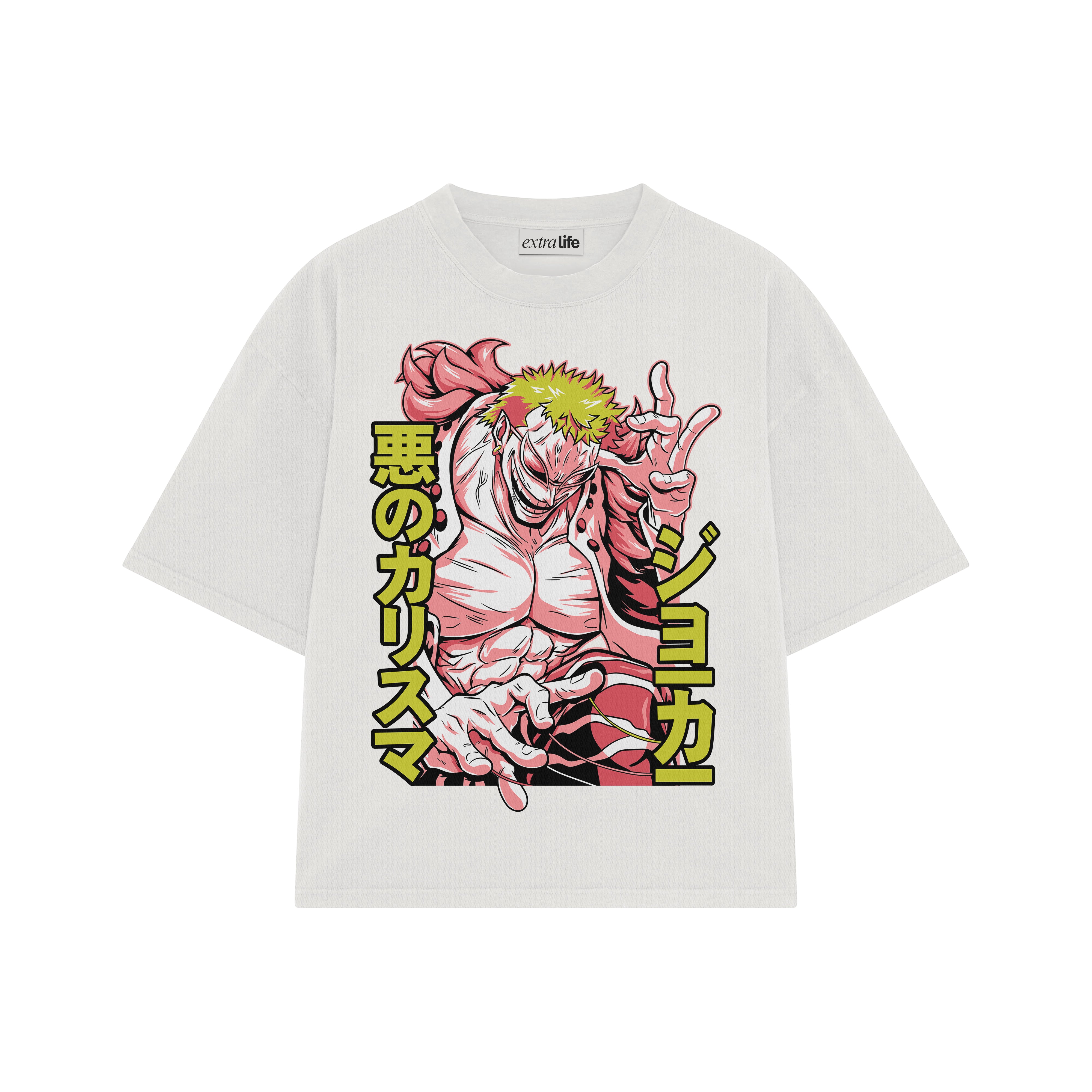 Playera streetwear premium de anime y gaming ExtraLife MX, corte boxy oversized drop shoulder heavyweight en color Deep Black y Off-White, moda urbana mexicana de culto.