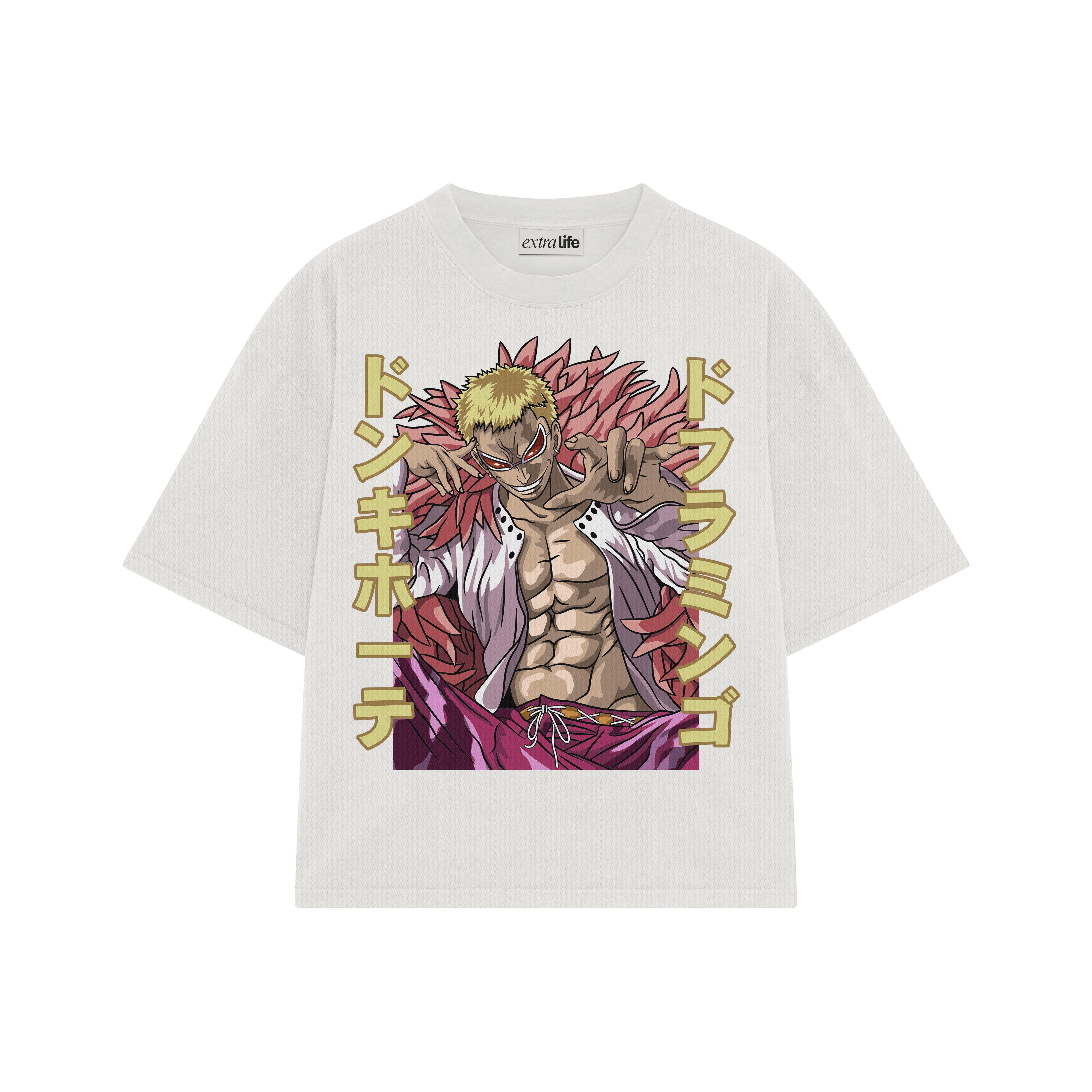 Playera streetwear premium de anime y gaming ExtraLife MX, corte boxy oversized drop shoulder heavyweight en color Deep Black y Off-White, moda urbana mexicana de culto.