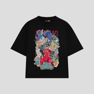 Playera streetwear premium de anime y gaming ExtraLife MX, corte boxy oversized drop shoulder heavyweight en color Deep Black y Off-White, moda urbana mexicana de culto.