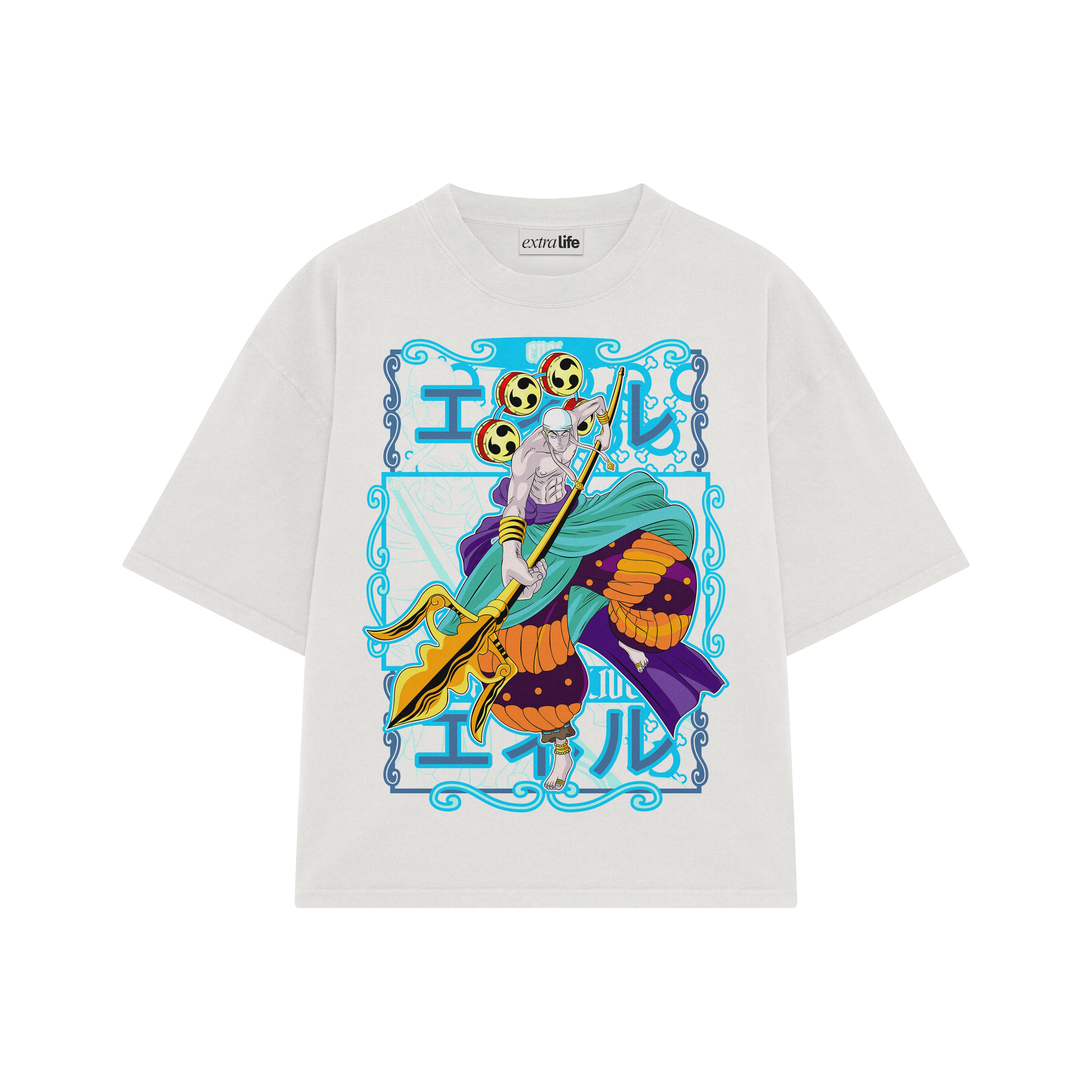 Playera streetwear premium de anime y gaming ExtraLife MX, corte boxy oversized drop shoulder heavyweight en color Deep Black y Off-White, moda urbana mexicana de culto.