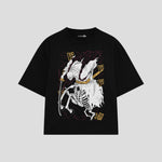 Playera streetwear premium de anime y gaming ExtraLife MX, corte boxy oversized drop shoulder heavyweight en color Deep Black y Off-White, moda urbana mexicana de culto.