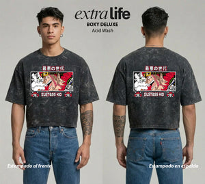 Playera streetwear premium de anime y gaming ExtraLife MX, corte boxy deluxe mineral wash heavyweight en color Acid Wash, moda urbana mexicana de culto.