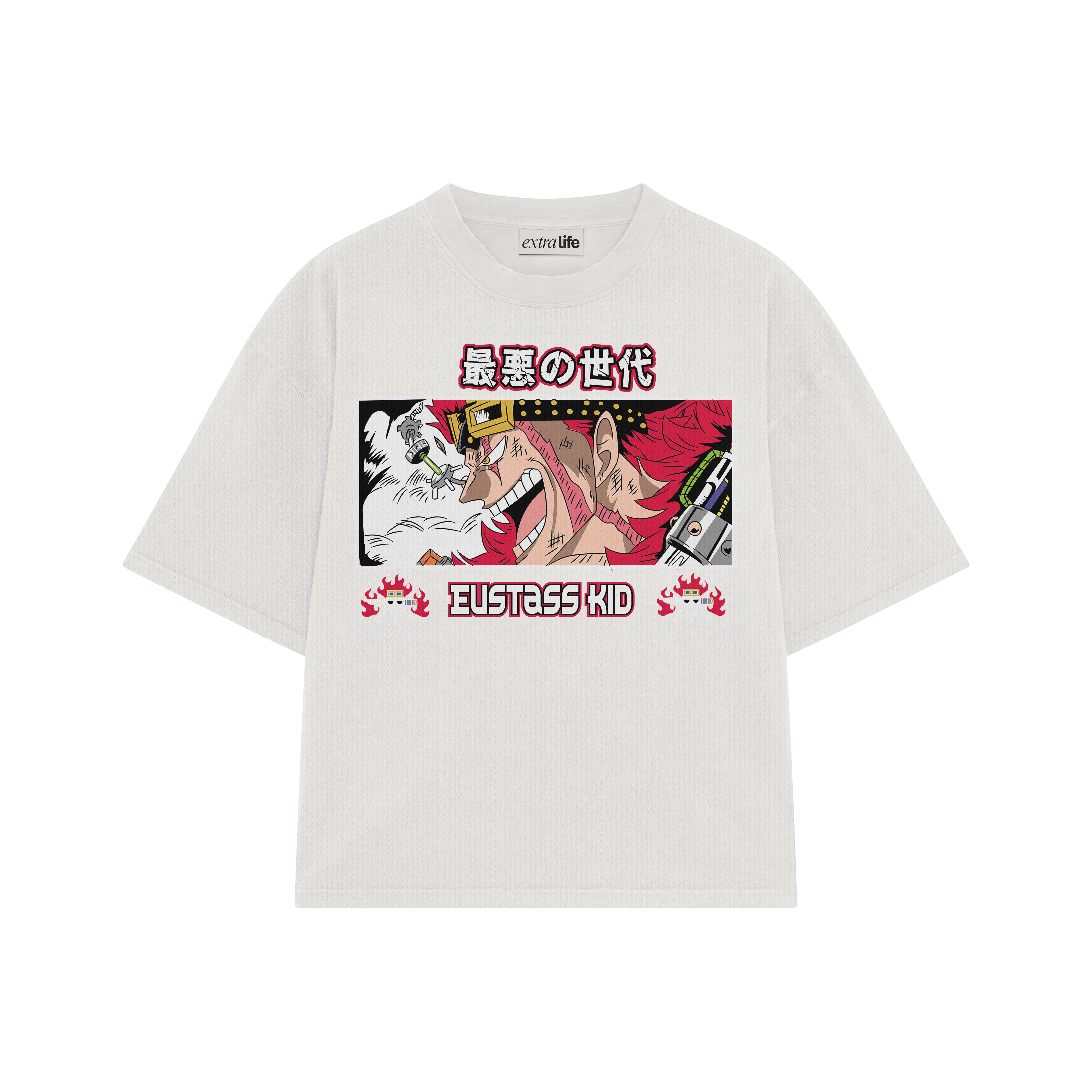 Playera streetwear premium de anime y gaming ExtraLife MX, corte boxy oversized drop shoulder heavyweight en color Deep Black y Off-White, moda urbana mexicana de culto.