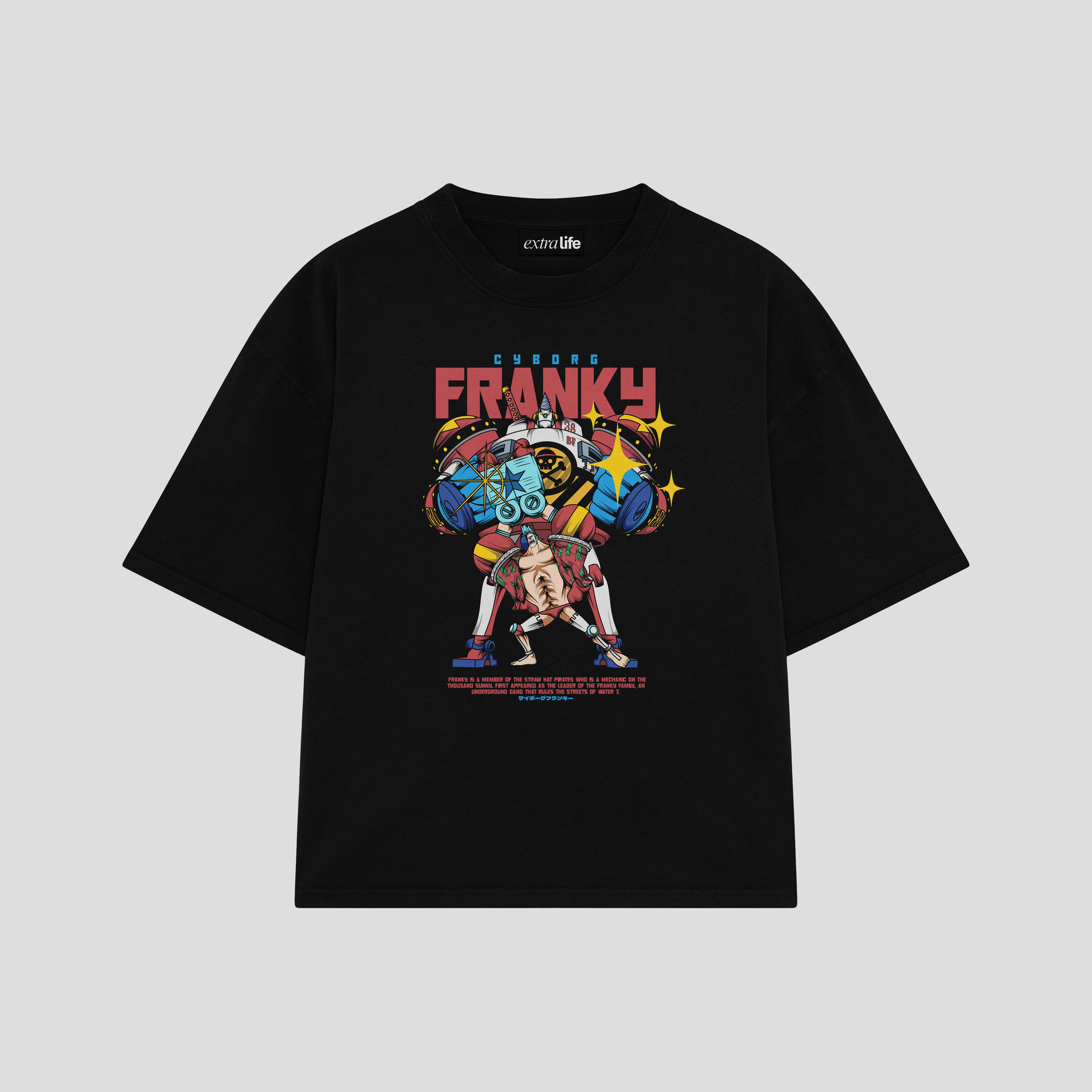 Playera streetwear premium de anime y gaming ExtraLife MX, corte boxy oversized drop shoulder heavyweight en color Deep Black y Off-White, moda urbana mexicana de culto.