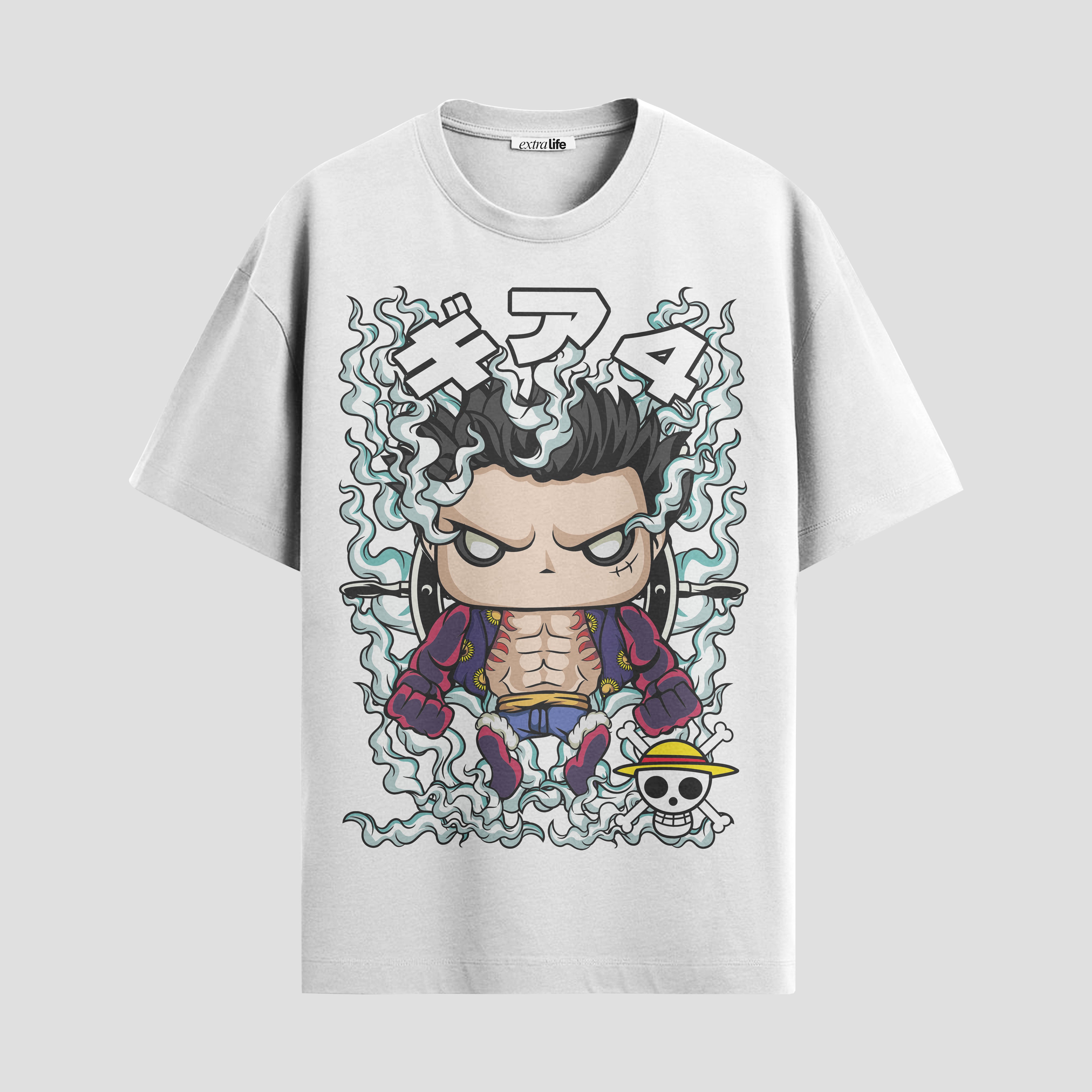 Playera urbana de anime y gaming ExtraLife MX, corte Standard Fit unisex ligero y transpirable en color Deep Black y Pure White, ropa de uso diario para gym y casual.