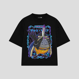 Playera streetwear premium de anime y gaming ExtraLife MX, corte boxy oversized drop shoulder heavyweight en color Deep Black y Off-White, moda urbana mexicana de culto.