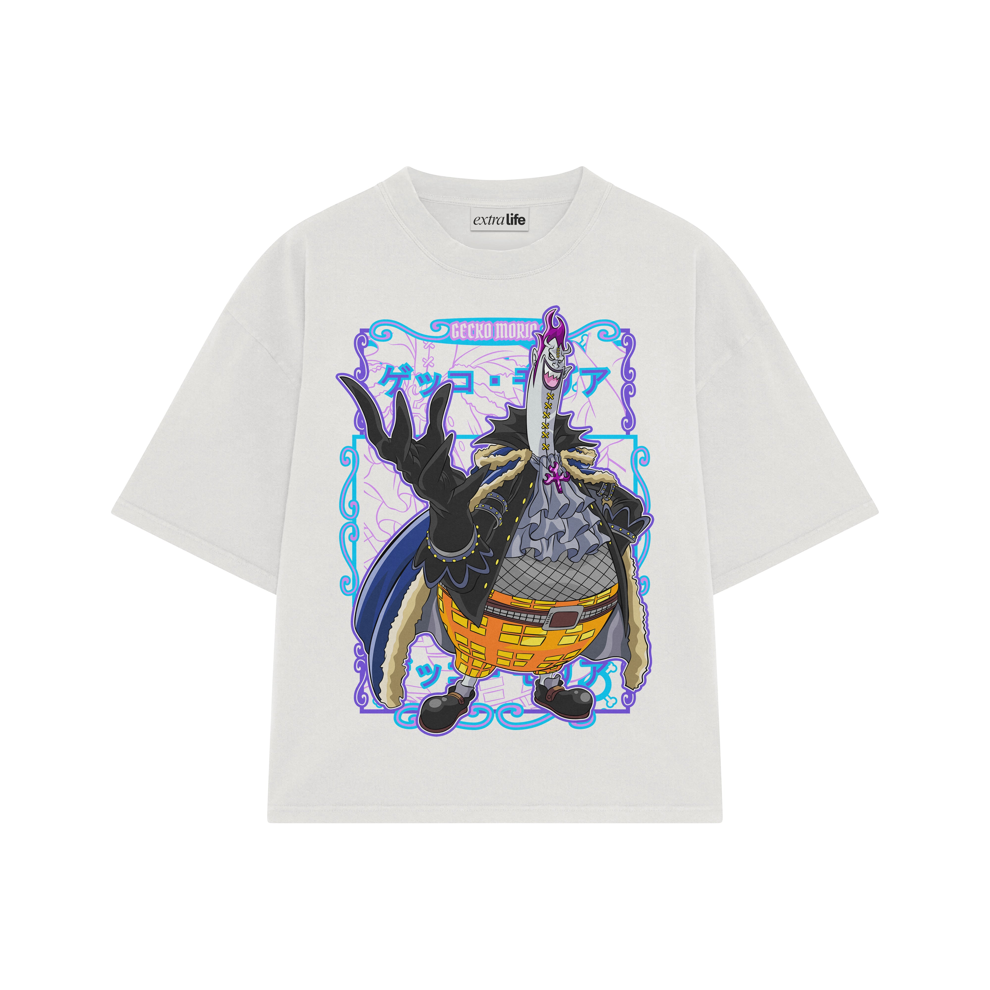 Playera streetwear premium de anime y gaming ExtraLife MX, corte boxy oversized drop shoulder heavyweight en color Deep Black y Off-White, moda urbana mexicana de culto.