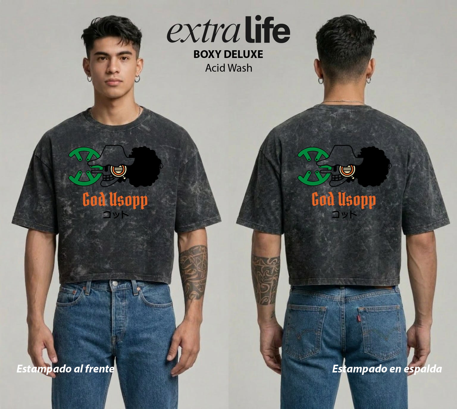 Playera streetwear premium de anime y gaming ExtraLife MX, corte boxy deluxe mineral wash heavyweight en color Acid Wash, moda urbana mexicana de culto.
