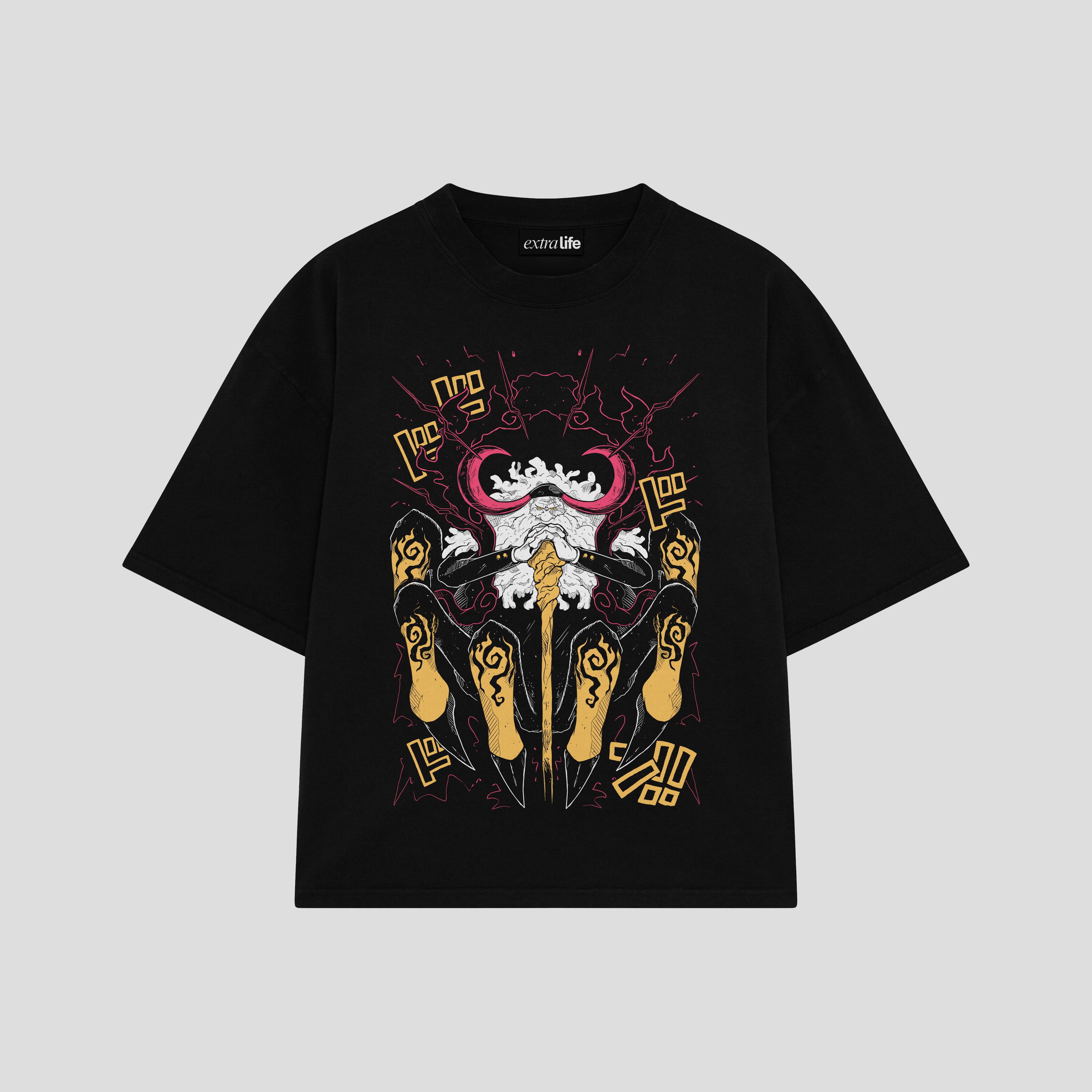 Playera streetwear premium de anime y gaming ExtraLife MX, corte boxy oversized drop shoulder heavyweight en color Deep Black y Off-White, moda urbana mexicana de culto.