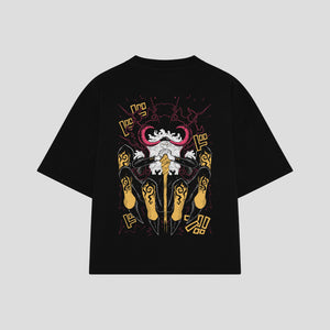 Playera streetwear premium de anime y gaming ExtraLife MX, corte boxy oversized drop shoulder heavyweight en color Deep Black y Off-White, moda urbana mexicana de culto.