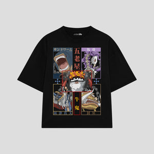 Playera streetwear premium de anime y gaming ExtraLife MX, corte boxy oversized drop shoulder heavyweight en color Deep Black y Off-White, moda urbana mexicana de culto.