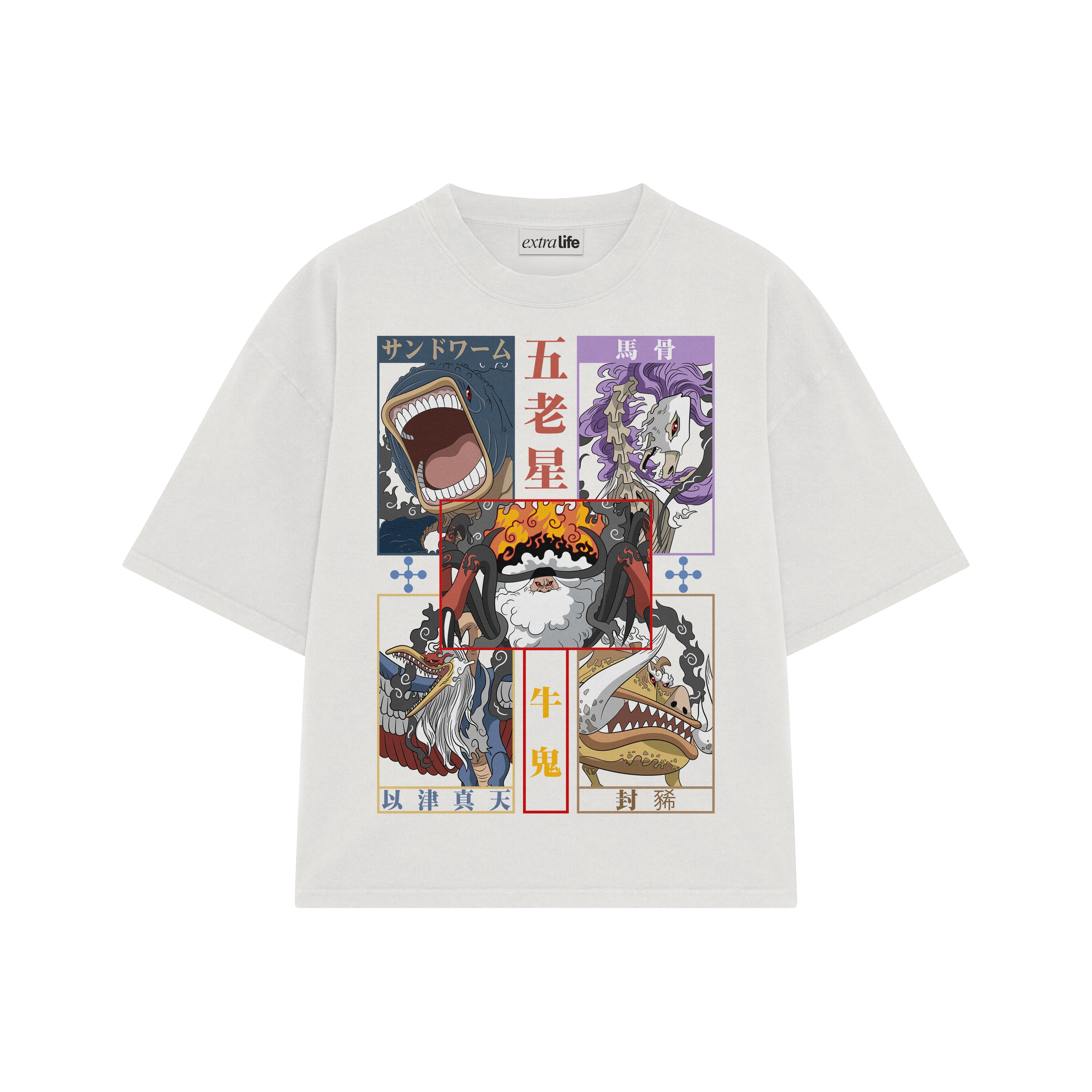 Playera streetwear premium de anime y gaming ExtraLife MX, corte boxy oversized drop shoulder heavyweight en color Deep Black y Off-White, moda urbana mexicana de culto.