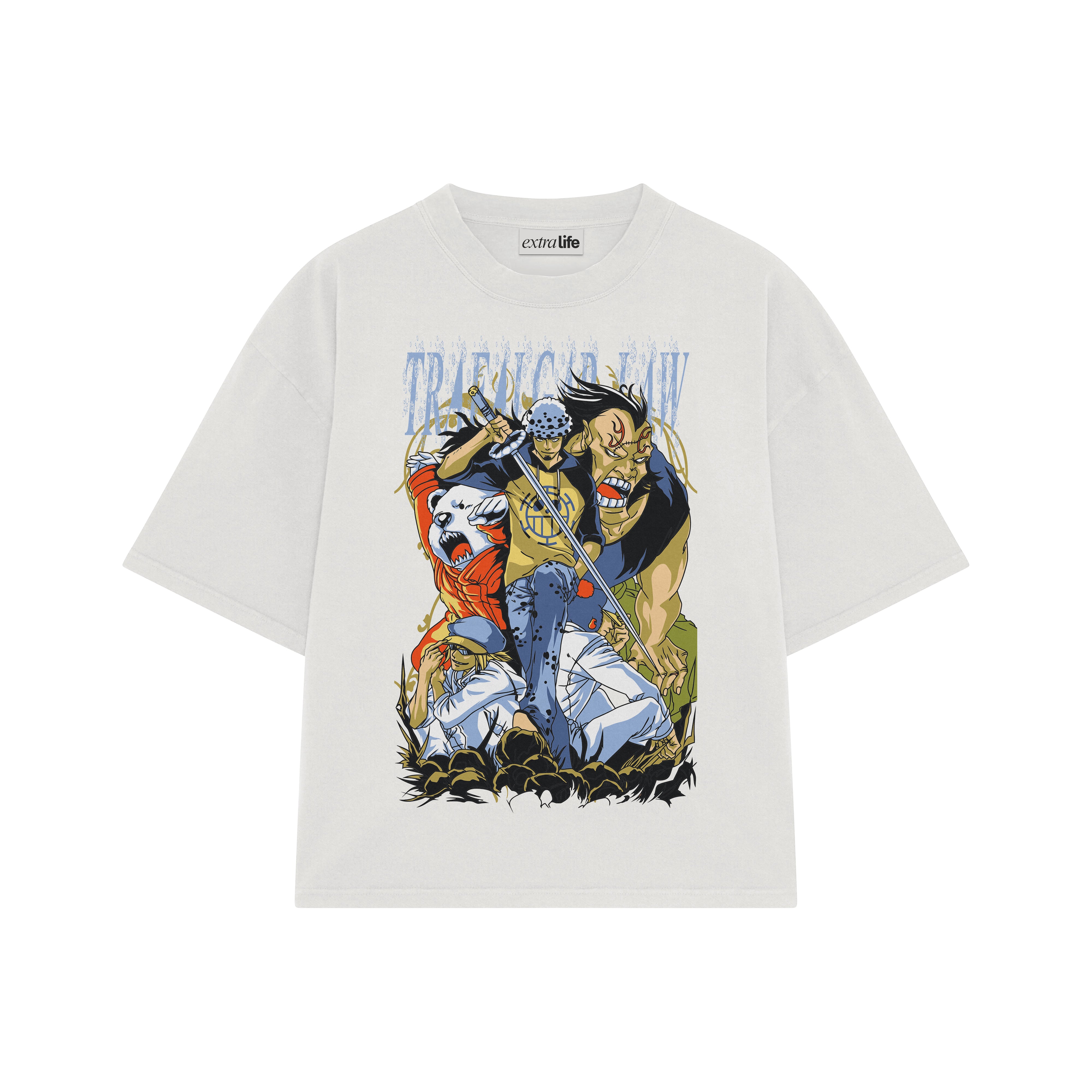 Playera streetwear premium de anime y gaming ExtraLife MX, corte boxy oversized drop shoulder heavyweight en color Deep Black y Off-White, moda urbana mexicana de culto.