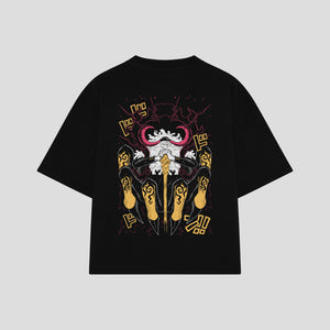 Playera streetwear premium de anime y gaming ExtraLife MX, corte boxy oversized drop shoulder heavyweight en color Deep Black y Off-White, moda urbana mexicana de culto.