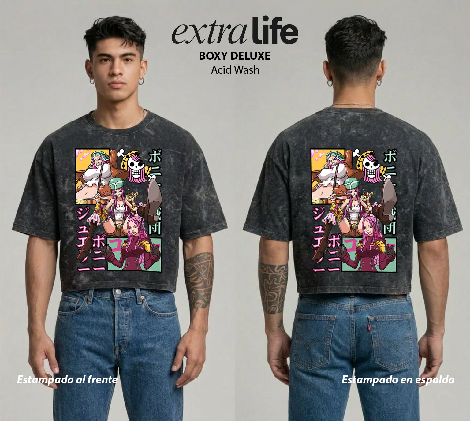 Playera streetwear premium de anime y gaming ExtraLife MX, corte boxy deluxe mineral wash heavyweight en color Acid Wash, moda urbana mexicana de culto.