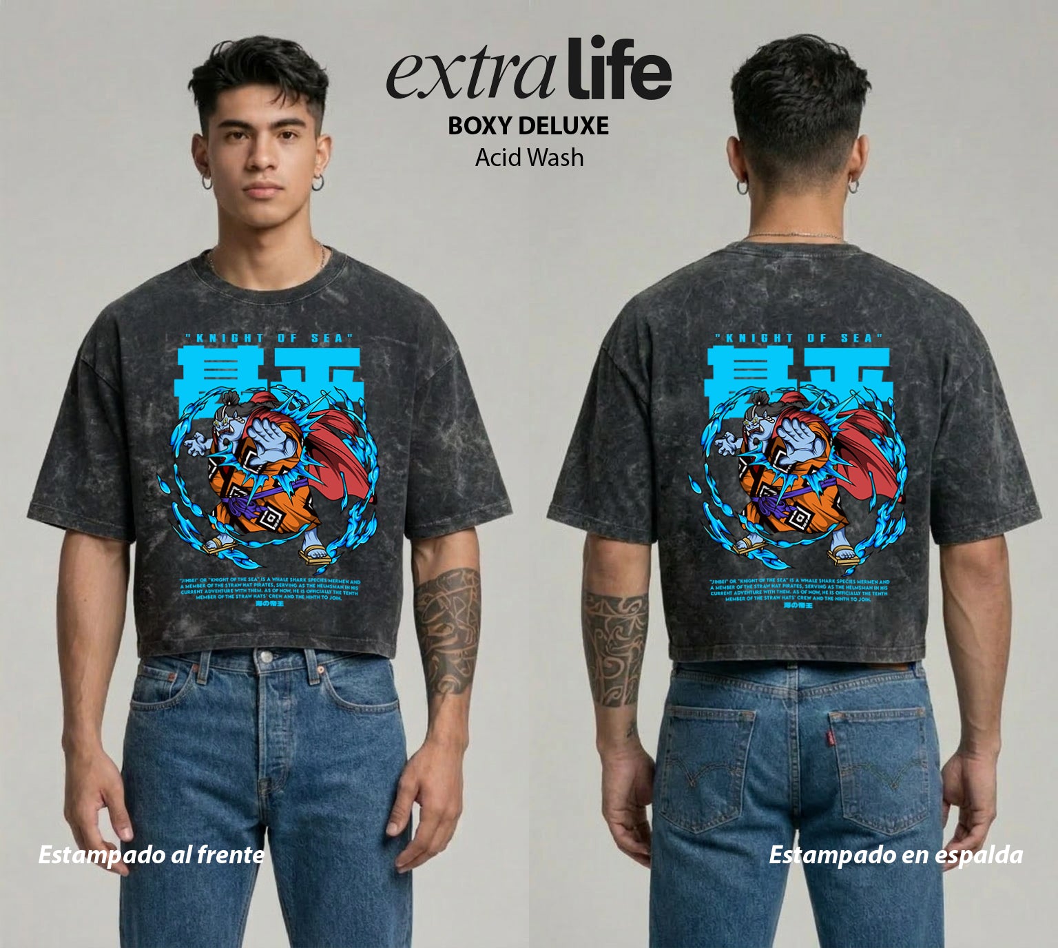 Playera streetwear premium de anime y gaming ExtraLife MX, corte boxy deluxe mineral wash heavyweight en color Acid Wash, moda urbana mexicana de culto.