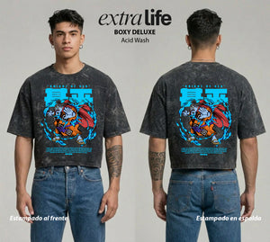 Playera streetwear premium de anime y gaming ExtraLife MX, corte boxy deluxe mineral wash heavyweight en color Acid Wash, moda urbana mexicana de culto.