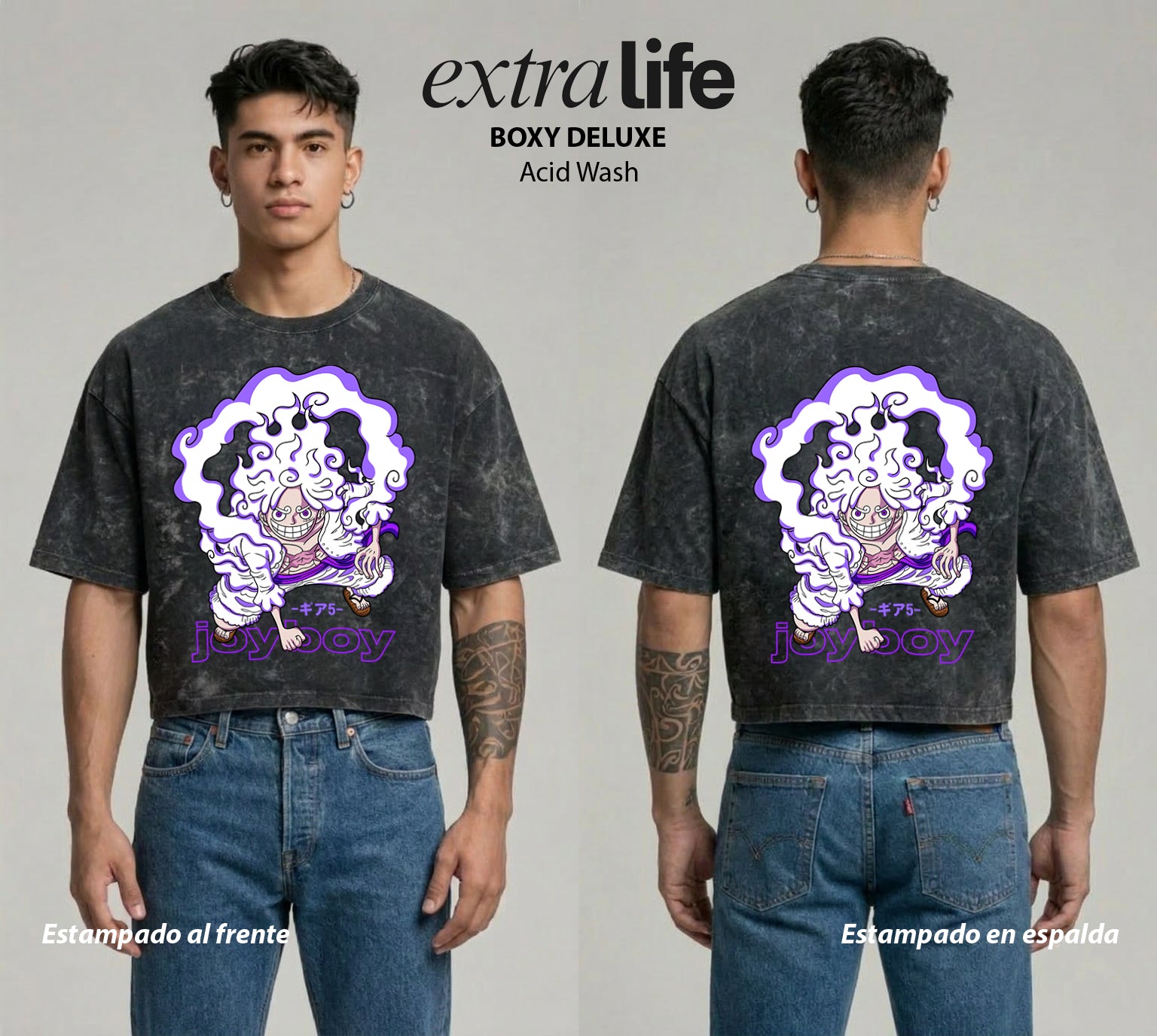 Playera streetwear premium de anime y gaming ExtraLife MX, corte boxy deluxe mineral wash heavyweight en color Acid Wash, moda urbana mexicana de culto.