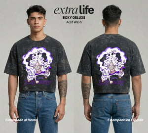 Playera streetwear premium de anime y gaming ExtraLife MX, corte boxy deluxe mineral wash heavyweight en color Acid Wash, moda urbana mexicana de culto.
