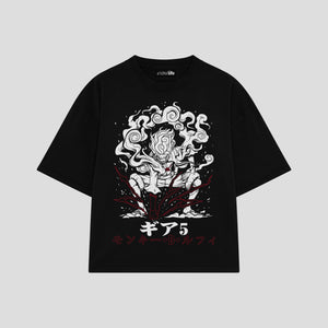 Playera streetwear premium de anime y gaming ExtraLife MX, corte boxy oversized drop shoulder heavyweight en color Deep Black y Off-White, moda urbana mexicana de culto.