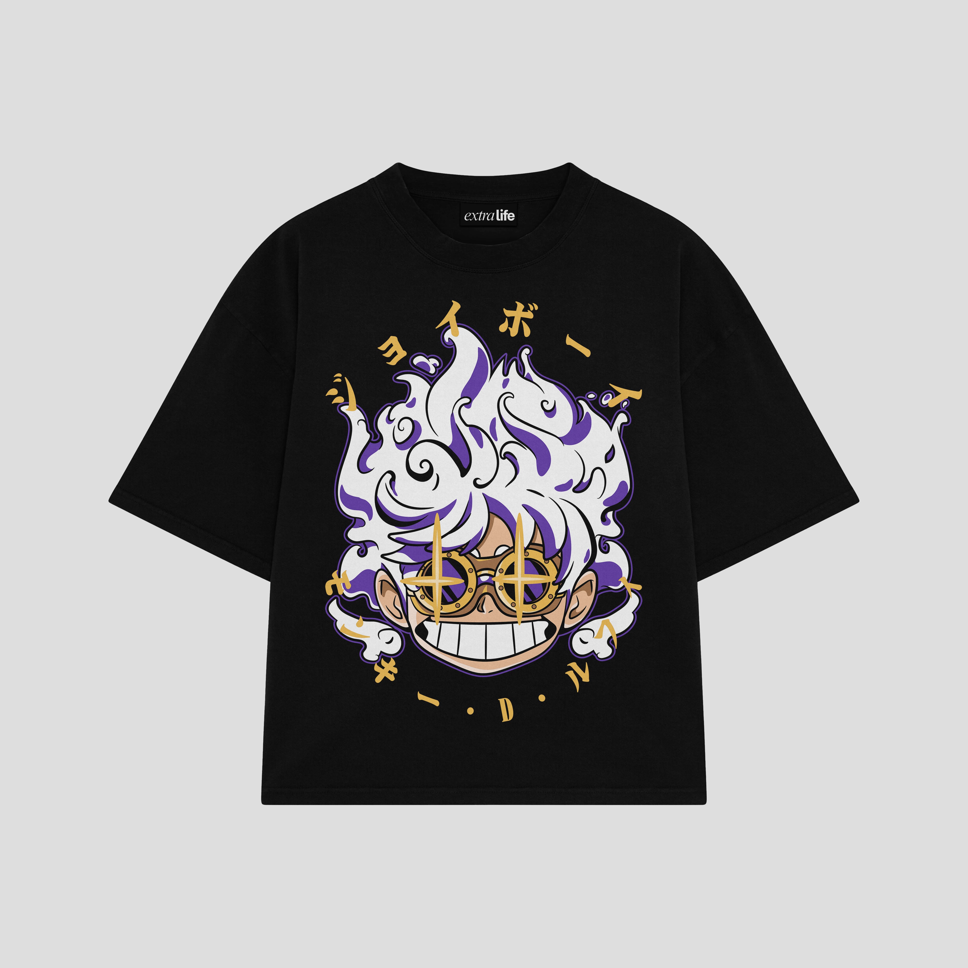 Playera streetwear premium de anime y gaming ExtraLife MX, corte boxy oversized drop shoulder heavyweight en color Deep Black y Off-White, moda urbana mexicana de culto.