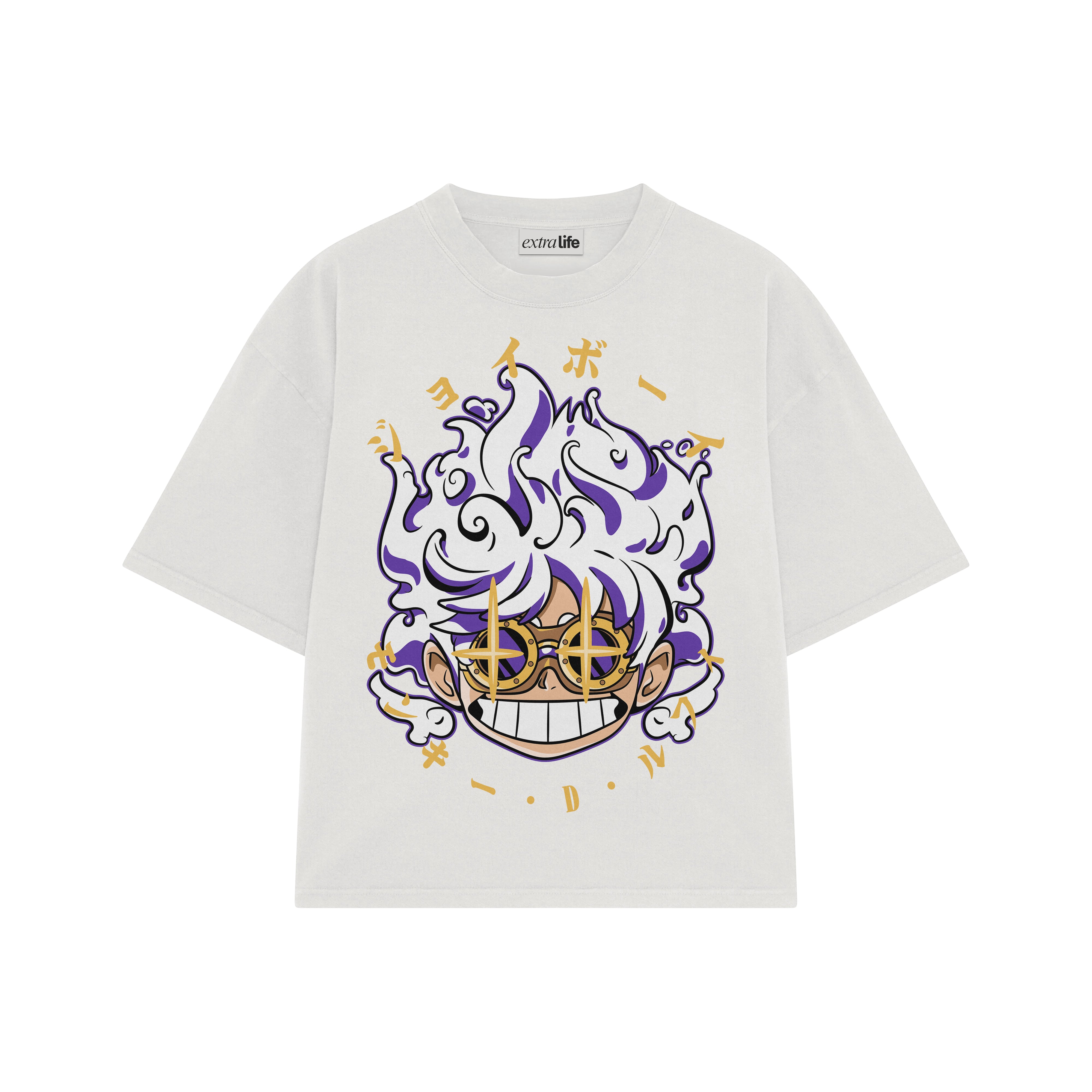 Playera streetwear premium de anime y gaming ExtraLife MX, corte boxy oversized drop shoulder heavyweight en color Deep Black y Off-White, moda urbana mexicana de culto.
