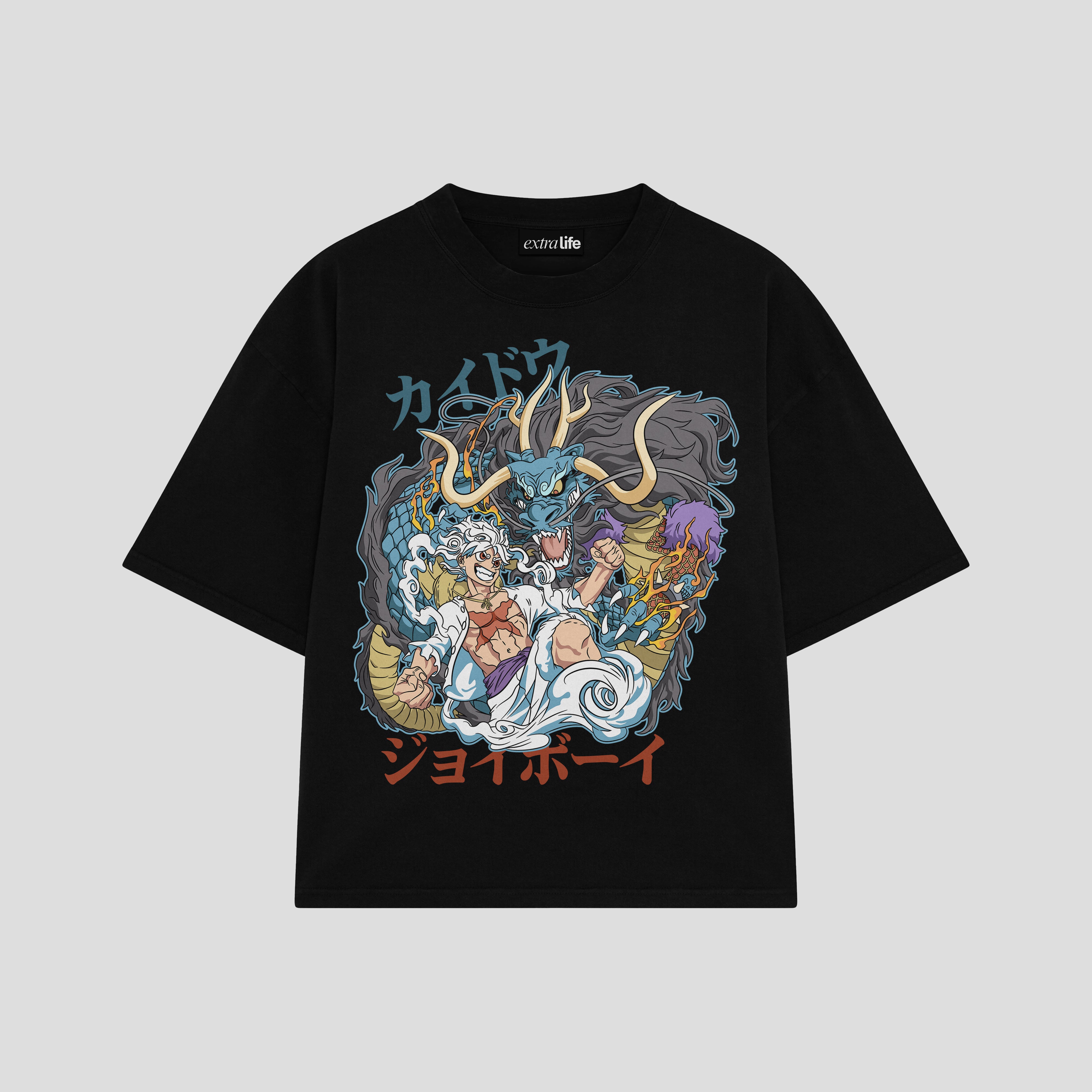 Playera streetwear premium de anime y gaming ExtraLife MX, corte boxy oversized drop shoulder heavyweight en color Deep Black y Off-White, moda urbana mexicana de culto.