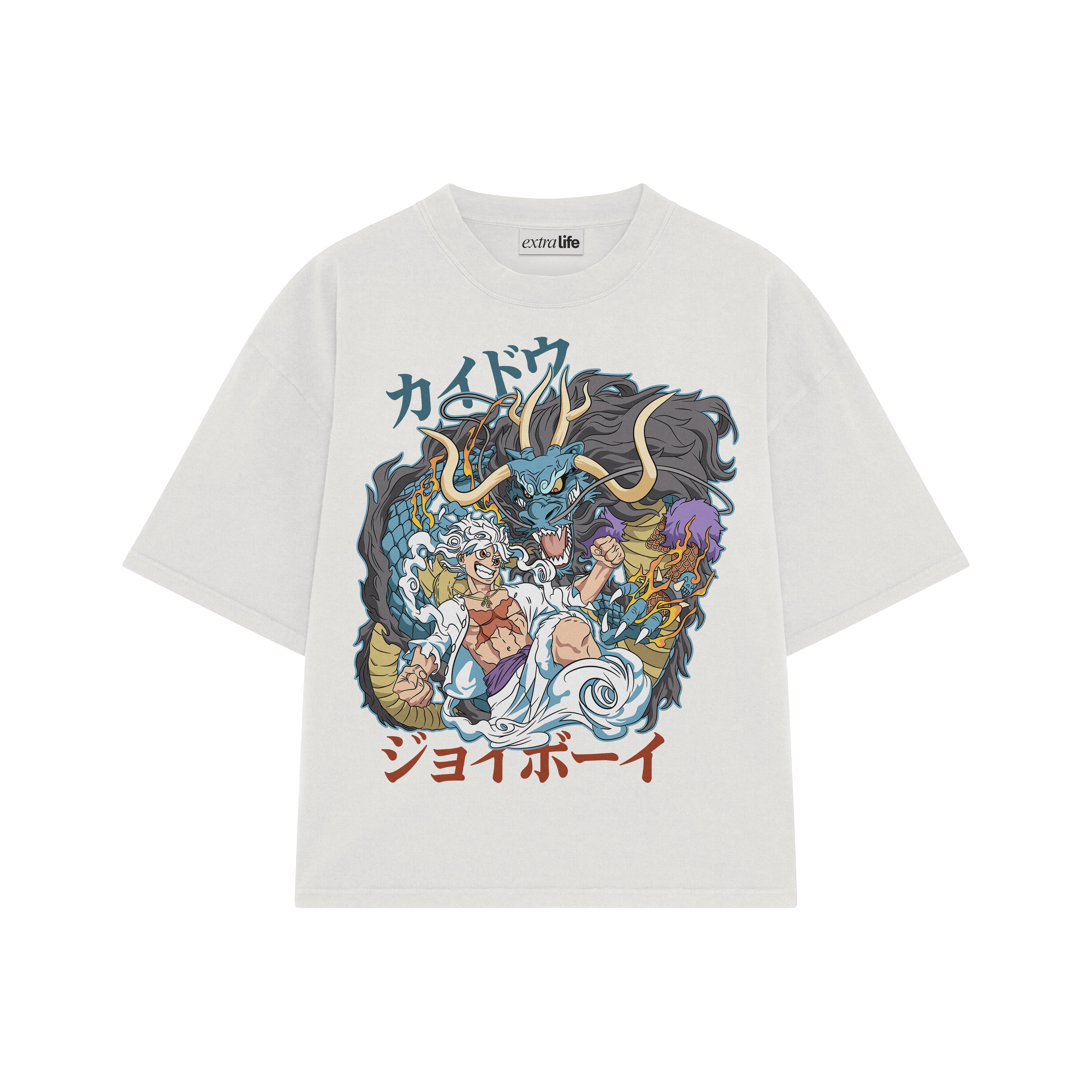 Playera streetwear premium de anime y gaming ExtraLife MX, corte boxy oversized drop shoulder heavyweight en color Deep Black y Off-White, moda urbana mexicana de culto.