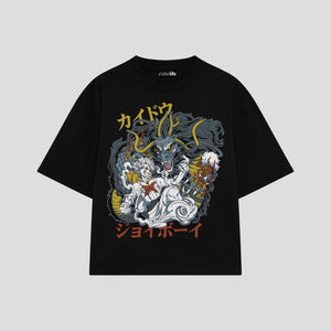 Playera streetwear premium de anime y gaming ExtraLife MX, corte boxy oversized drop shoulder heavyweight en color Deep Black y Off-White, moda urbana mexicana de culto.
