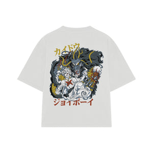 Playera streetwear premium de anime y gaming ExtraLife MX, corte boxy oversized drop shoulder heavyweight en color Deep Black y Off-White, moda urbana mexicana de culto.