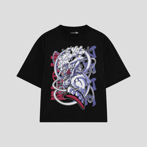 Playera streetwear premium de anime y gaming ExtraLife MX, corte boxy oversized drop shoulder heavyweight en color Deep Black y Off-White, moda urbana mexicana de culto.