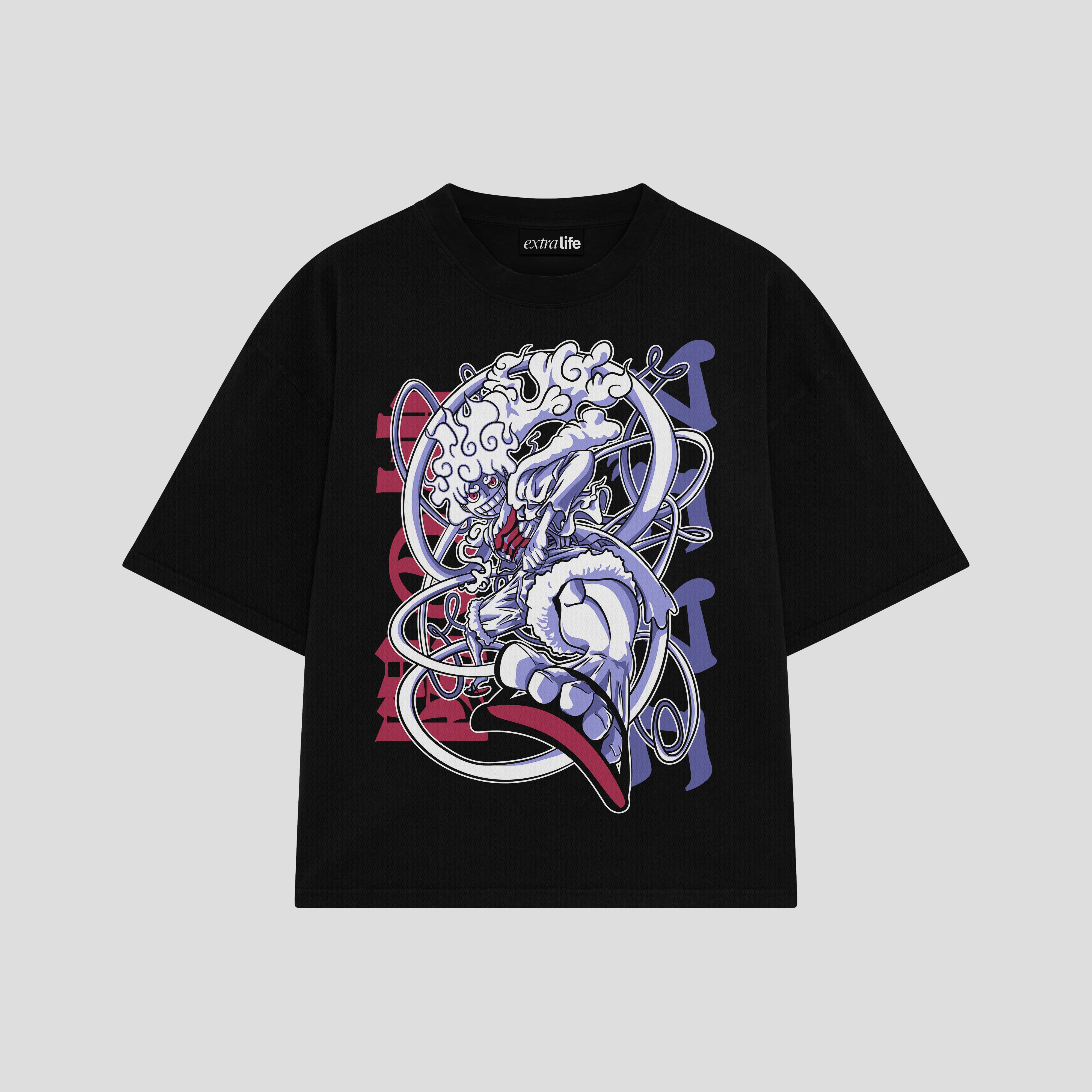 Playera streetwear premium de anime y gaming ExtraLife MX, corte boxy oversized drop shoulder heavyweight en color Deep Black y Off-White, moda urbana mexicana de culto.