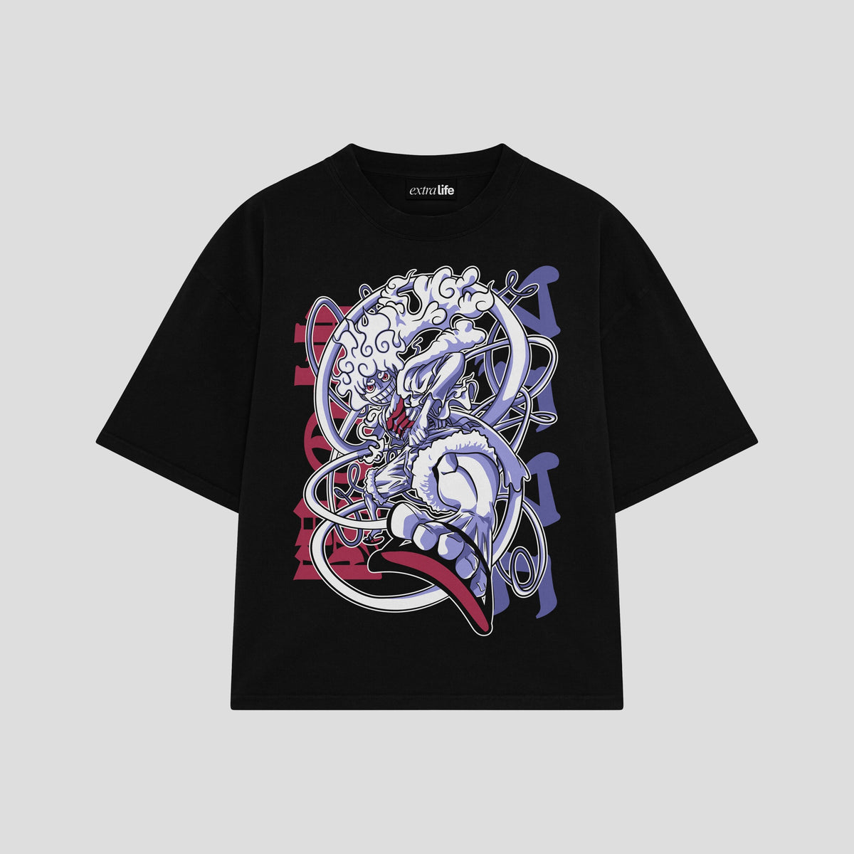 Playera streetwear premium de anime y gaming ExtraLife MX, corte oversized drop shoulder ligero y fresco en color Deep Black y Off-White, moda urbana mexicana de culto.