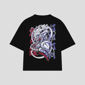 Playera streetwear premium de anime y gaming ExtraLife MX, corte boxy oversized drop shoulder heavyweight en color Deep Black y Off-White, moda urbana mexicana de culto.
