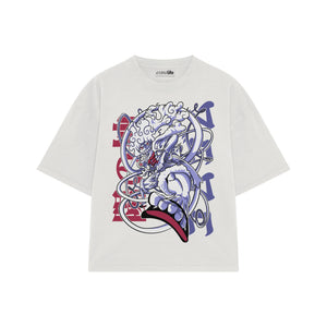 Playera streetwear premium de anime y gaming ExtraLife MX, corte boxy oversized drop shoulder heavyweight en color Deep Black y Off-White, moda urbana mexicana de culto.