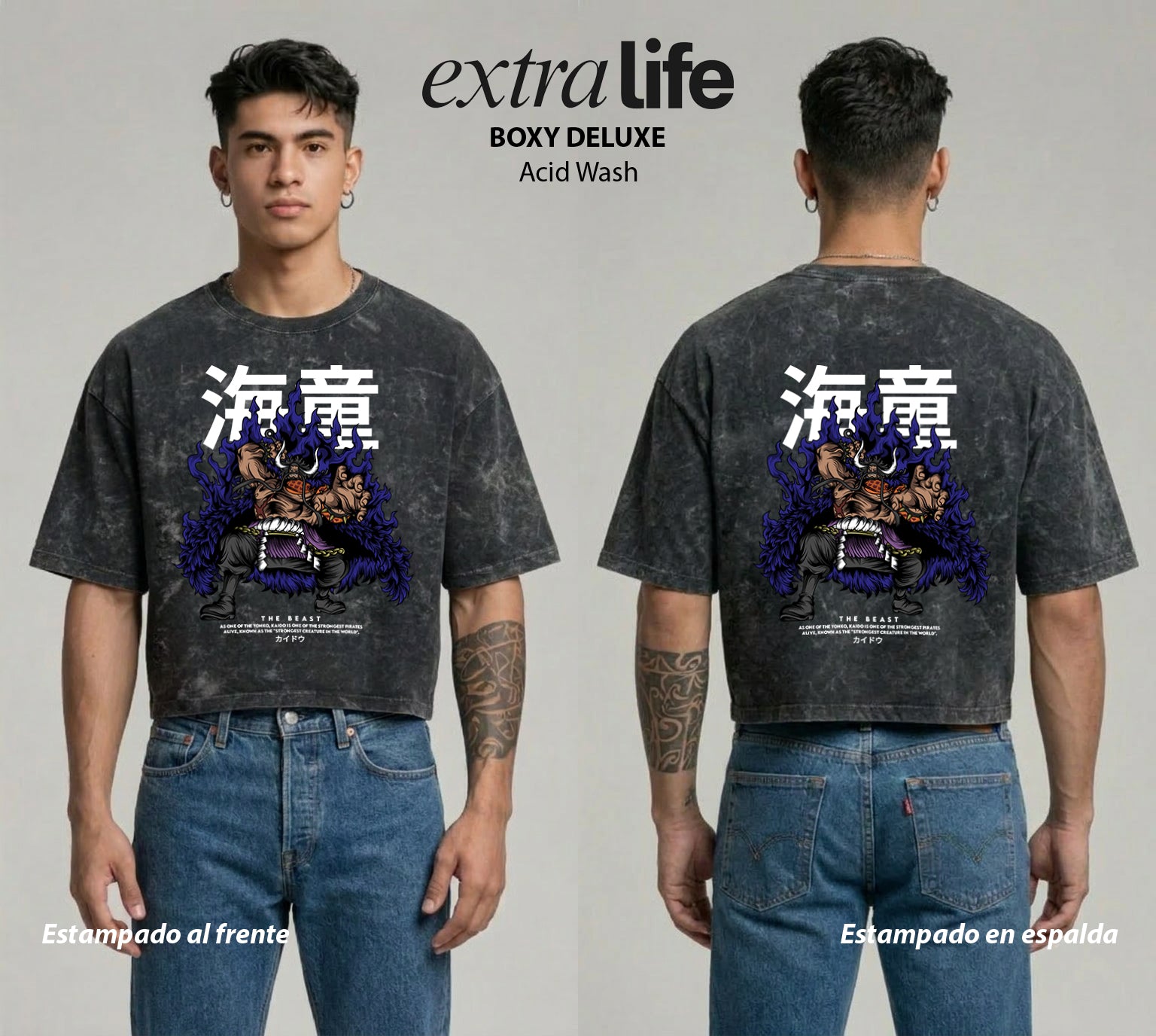 Playera streetwear premium de anime y gaming ExtraLife MX, corte boxy deluxe mineral wash heavyweight en color Acid Wash, moda urbana mexicana de culto.